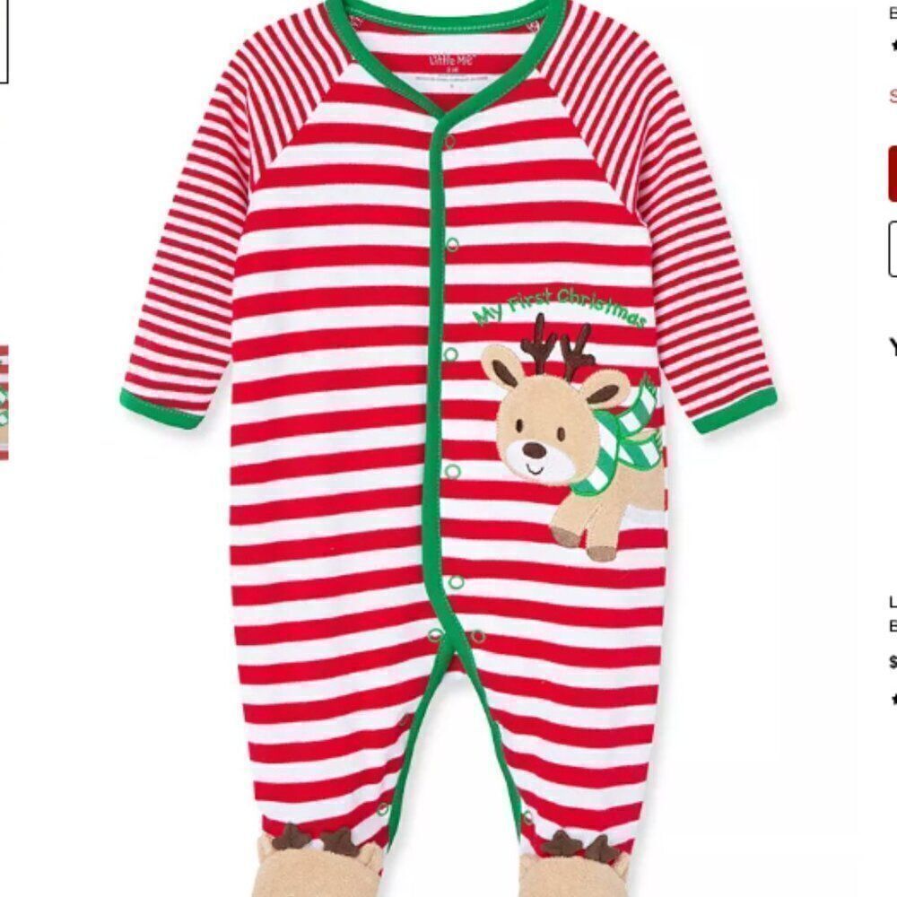 Little Me Red and White stripe Reindeer snap-front footie 1st Christmas NWT 6 m.